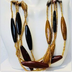 Vintage Red Brown Tan Elongated Oval Beaded Station Long Layered Necklace 32”